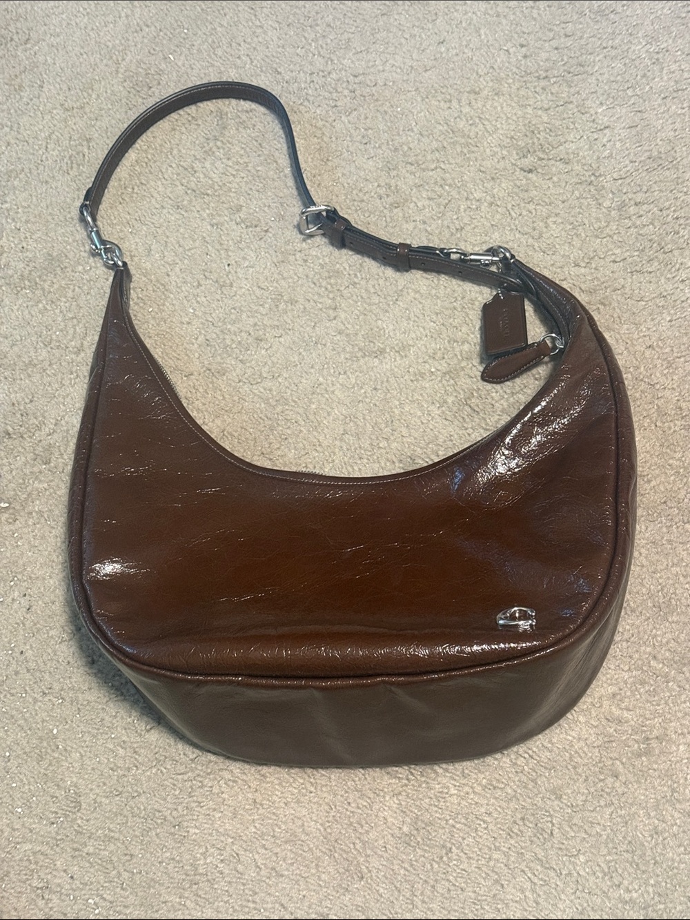 Coach Brown Patent Leather Shoulder Bag with Logo Tag